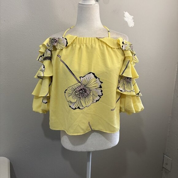 1 State Ruffled Tiered Yellow Off Shoulder Blouse Women Small 3/4 Sleeve - Picture 1 of 9